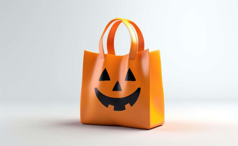 An orange jack-o-lantern bag filled with Halloween candy